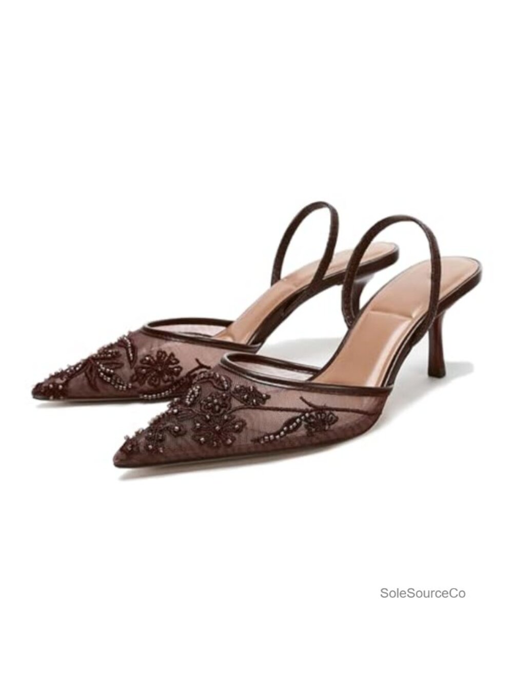 Mesh Embroidered Slingback Kitten Heels Bead Pointed Toe Wedding Pumps